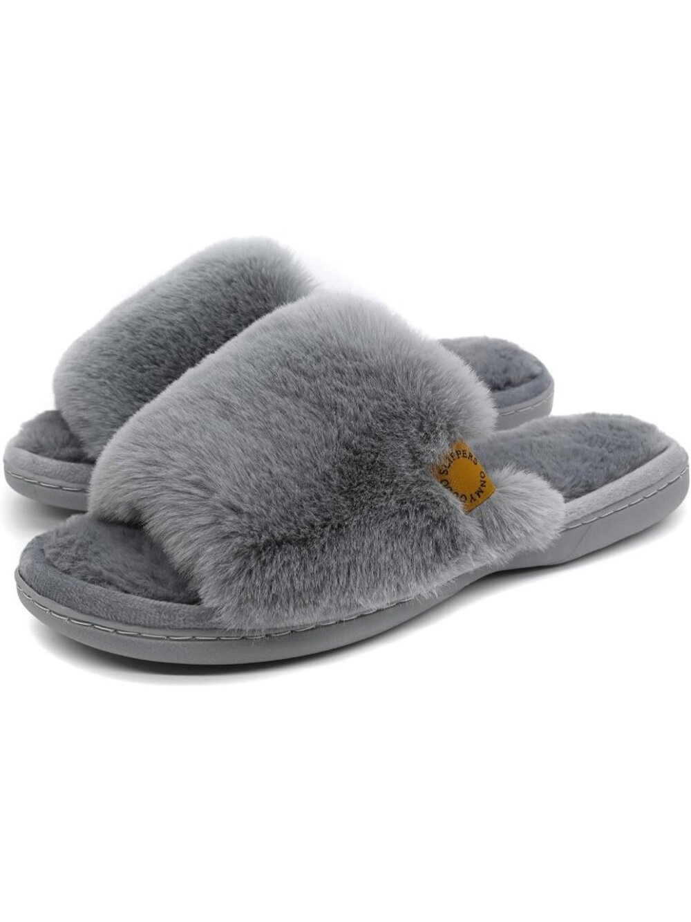 Women's Grey Indoor Memory Foam Soft Faux Fur Nonslip Open Toe Slipper Shoes